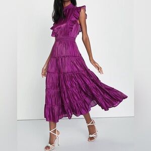 Lulu's Take a Glance Purple Ruffle Midi Dress Mock Neck Metallic Cottagecore